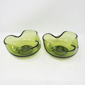 VTG Anchor Hocking Avocado Green Crimped Taper Candle Holders, set of 2